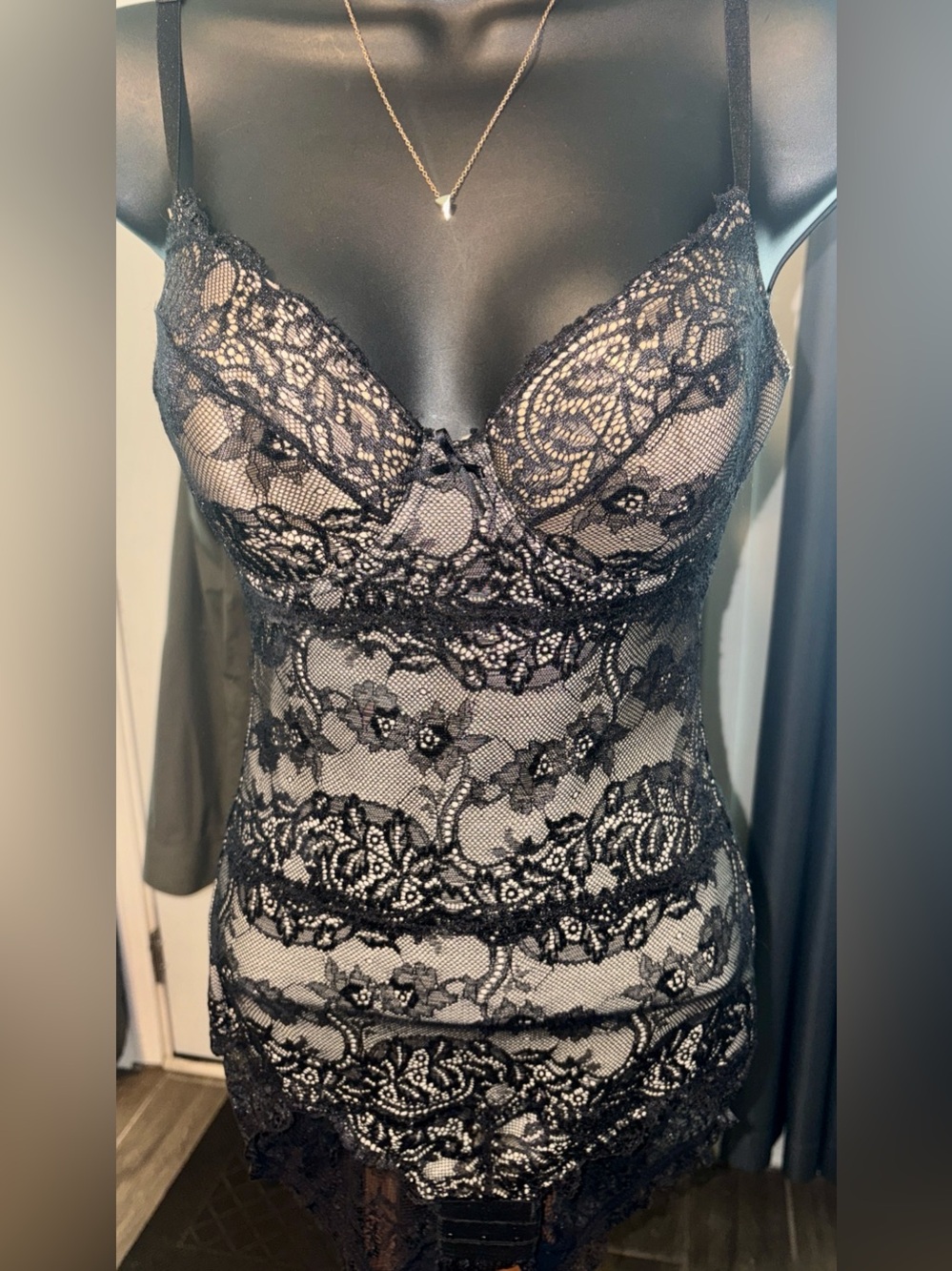 Skinnygirl Black Floral Lace Chemise bodysuit Small